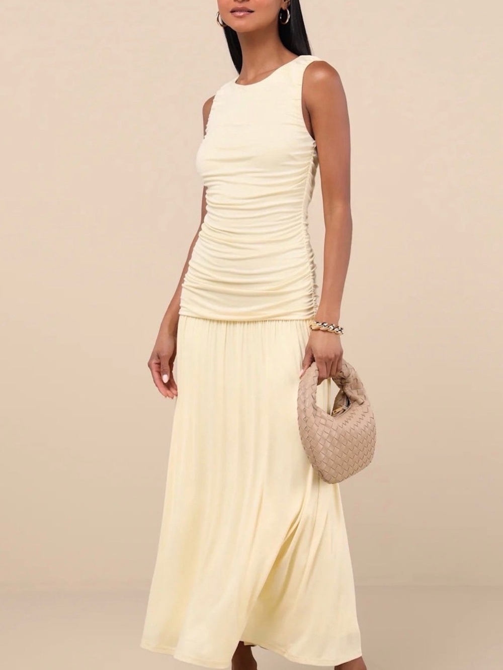Lulus Tamber Light Yellow Jersey Knit Drop Waist Midi Dress XL - Picture 1 of 7